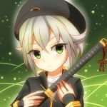  1boy blush green_eyes hat hotarumaru male_focus military military_uniform short_hair silver_hair solo sword touken_ranbu uniform weapon 