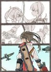 2girls airplane arrow bow_(weapon) fairy_(kantai_collection) flight_deck hand_on_another&#039;s_head japanese_clothes kaga_(kantai_collection) kantai_collection long_hair multiple_girls muneate quiver ree_(re-19) side_ponytail weapon younger zuikaku_(kantai_collection) 