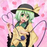  1girl aki_sakura_(ikokoro) bow fang green_eyes green_hair hat hat_bow heart heart_of_string komeiji_koishi sash solo third_eye touhou wide_sleeves 