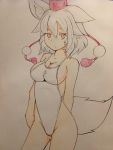  1girl absurdres animal_ears bare_shoulders breasts cleavage collarbone fang groin hat highres inubashiri_momiji large_breasts looking_at_viewer one-piece_swimsuit red_eyes short_hair silver_hair solo swimsuit tail tokin_hat touhou traditional_media white_swimsuit wolf_ears wolf_tail 
