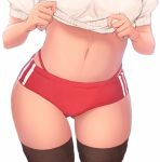 1girl breasts brown_legwear buruma close-up gym_uniform highres imizu_(nitro_unknown) lifted_by_self navel original panties red_panties revision shirt_lift simple_background solo stomach thigh-highs thong underwear white_background 