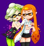  +_+ 2girls alternate_costume black_legwear blush breasts detached_collar dress earrings eyebrows flat_chest gloves green_hair green_legwear hands_on_shoulders hotaru_(splatoon) inkling jewelry long_hair mask miniskirt mole mole_under_eye multiple_girls orange_eyes orange_hair pantyhose payot pleated_skirt pointy_ears purple_background school_uniform short_hair skirt splatoon strapless_dress tentacles thick_eyebrows thigh-highs twintails white_gloves yuri yuta_agc 