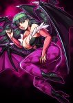  1girl ankle_boots bare_shoulders bat_print bat_wings boots breasts bridal_gauntlets cleavage demon_girl elbow_gloves full_body fur_collar gloves green_eyes green_hair head_wings high_heel_boots high_heels highres koi_drake large_breasts leotard long_hair morrigan_aensland pantyhose print_legwear purple_legwear smile solo succubus vampire_(game) wings 