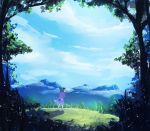  1girl animal_ears blue_sky clouds dress from_behind grass green_hair heiya kasodani_kyouko mountain pink_dress raised_hand scenery shadow sky solo tail touhou tree wind 