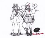  blood heart holding komeiji_koishi komeiji_satori leafprojector monochrome multiple_girls short_hair spot_color standing the_two_fridas third_eye touhou trait_connection 