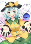 1girl absurdres blush bow green_eyes green_hair hat hat_bow heart heart-shaped_pupils heart_of_string highres komeiji_koishi navel open_hand open_mouth outstretched_hand sisterakuma solo symbol-shaped_pupils third_eye touhou 