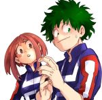  1boy 1girl :o blush_stickers boku_no_hero_academia esuo_(sokamen) freckles green_eyes green_hair lowres midoriya_izuku open_mouth short_hair simple_background upper_body uraraka_ochako wavy_mouth white_background 