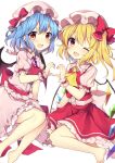  2girls ;d amethyst_(gemstone) ascot back_bow bangs barefoot bat_wings blue_hair blush bow buttons center_frills commentary_request crystal dress dress_bow eyebrows_visible_through_hair eyelashes fang fingernails flandre_scarlet frilled_shirt_collar frilled_skirt frills hat hat_ribbon heart heart_hands heart_hands_duo highres knees looking_at_viewer mob_cap multiple_girls one_eye_closed one_side_up open_mouth pink_dress pink_headwear puffy_short_sleeves puffy_sleeves red_eyes red_neckwear red_sash red_skirt red_vest remilia_scarlet ribbon ruhika sash shiny shiny_hair shirt short_hair short_sleeves siblings side_ponytail simple_background sisters skirt slit_pupils smile sweatdrop touhou vest white_background white_shirt wings wrist_cuffs 