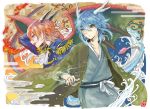  2boys antlers blue_eyes blue_hair breathing_fire dragon_tail dragon_wings epaulettes fangs fire horns hotathino japanese_clothes kimono male_focus multiple_boys original personification redhead seiyouryuu-san tail touyouryuu-san twitter_username wings yellow_eyes 