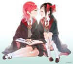  2girls anco_(melon85) black_hair book closed_eyes harry_potter looking_at_another love_live!_school_idol_project multiple_girls nishikino_maki open_mouth redhead school_uniform short_hair smile twintails violet_eyes yazawa_nico 