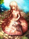  1girl blonde_hair blush dappled_sunlight dragon dress long_hair nishizawa original pink_dress red_eyes smile solo very_long_hair yellow_eyes 