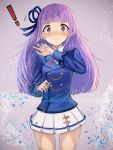 ! 1girl aikatsu! blazer blush hair_ribbon hikami_sumire long_hair nasuno_chiyo purple_hair ribbon school_uniform skirt solo standing violet_eyes 
