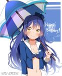  1girl bikini_top black_hair dorisu2 jacket long_hair love_live!_school_idol_project midriff navel smile solo sonoda_umi swimsuit umbrella yellow_eyes 