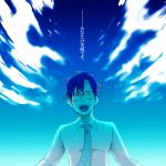  1boy black_hair blue_sky closed_eyes formal glasses highres idolmaster necktie open_mouth outstretched_arms producer_(idolmaster_anime) short_hair sky smile 