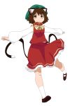  :o ameyu animal_ears blouse brown_hair cat_ears cat_tail chen frilled_skirt frills hat highres jewelry multiple_tails orange_eyes outstretched_arms short_hair single_earring skirt spread_arms tail touhou two_tails vest 