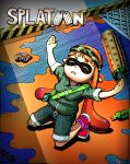  1girl arms_up artist_request eyes_closed goggles headband highres inkling long_hair mask orange_hair paint_roller paint_splatter parody platoon pointy_ears shorts solo splatoon super_soaker tentacle_hair twintails 
