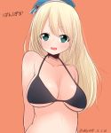  1girl akky_(akimi1127) arms_behind_back atago_(kantai_collection) beret bikini black_bikini blonde_hair breasts collarbone dated green_eyes halterneck hat highres kantai_collection large_breasts long_hair looking_at_viewer open_mouth orange_background simple_background sketch smile solo swimsuit upper_body 