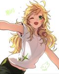  1girl ahoge artist_name blonde_hair character_name hoshii_miki idolmaster long_hair midriff one_eye_closed open_mouth rod4817 simple_background smile solo white_background 