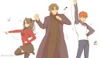  1girl 2boys brown_hair dancing emiya_shirou fate/stay_night fate_(series) kotomine_kirei multiple_boys redhead singing tohsaka_rin toosaka_rin toridori_(csunhong1) 