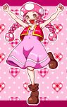  1girl artist_request boots braid commentary_request dress hair_ornament hat open_mouth personification pink_hair solo super_mario super_mario_bros. toadette twin_braids vest yellow_eyes 