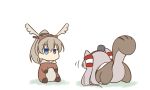  2girls all_fours alternate_costume amatsukaze_(kantai_collection) animal_costume blue_eyes brown_hair hair_tubes hat high_ponytail kantai_collection kumano_(kantai_collection) long_hair miyo_(miyomiyo01) multiple_girls ponytail silver_hair simple_background sitting squirrel_costume squirrel_tail tail two_side_up white_background 