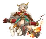  1girl anila_(buddhism) armor arrow boots bow_(weapon) buddhism chinese_zodiac curly_hair fur gloves hairband hikimayu horns kirin_(abebe) light_brown_hair open_mouth original quiver sheep sheep_horns simple_background solo teeth weapon white_background yellow_eyes 