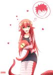  1girl 2015 :d absurdres artist_name cowboy_shot dated fangs hair_ornament hairclip heart highres kurusu_kimihito lamia long_hair looking_at_viewer miia_(monster_musume) monster_girl monster_musume_no_iru_nichijou open_mouth pointy_ears redhead scales simple_background slit_pupils smile stuffed_animal stuffed_snake stuffed_toy thinking violet_(eightonemini) white_background yellow_eyes 