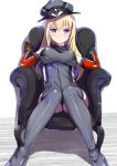  1girl armchair bismarck_(kantai_collection) blonde_hair blue_eyes blush breasts chair hat henet_hene kantai_collection long_hair looking_at_viewer peaked_cap sitting solo thigh-highs 