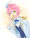  1boy ahoge copyright_name ensemble_stars! epaulettes green_eyes hat himemiya_touri jacket male_focus mini_top_hat musical_note open_mouth payot pink_hair pointing pointing_at_self ribbon short_hair solo star top_hat vest 