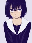  1girl black_eyes black_hair freckles glasses looking_at_viewer mattaku_mousuke original parted_lips purple_background short_hair solo upper_body 