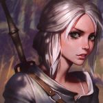  1girl ciri face green_eyes half_updo ilya_kuvshinov lips looking_at_viewer parted_lips scar short_hair silver_hair smile solo sword the_witcher the_witcher_3 upper_body weapon 
