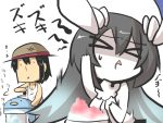  &gt;_&lt; 1boy 1girl :x abyssal_ship admiral_(kantai_collection) anchorage_water_oni black_hair brain_freeze commentary_request gomasamune hat horns ice_shaver kantai_collection long_hair shaved_ice short_hair sketch straw_hat sweatdrop translated triangle_mouth 
