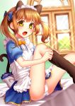  1girl animal_ears apron blush brown_hair cat_ears cat_tail commentary fang hair_ribbon hasumi_shizuko looking_at_viewer maid maid_apron maid_headdress open_mouth original panties pantyshot ribbon sitting sock_pull socks solo tail twintails underwear white_panties yellow_eyes 