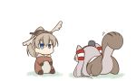  2girls all_fours alternate_costume amatsukaze_(kantai_collection) animal_costume blue_eyes brown_hair hair_tubes hat high_ponytail kantai_collection kumano_(kantai_collection) long_hair miyo_(miyomiyo01) multiple_girls ponytail silver_hair simple_background sitting squirrel_costume squirrel_tail tail two_side_up white_background 