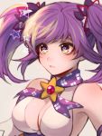  1girl aisha_(elsword) bloody_yukime breasts brooch cleavage detached_collar elsword jewelry purple_hair short_hair solo star star-shaped_pupils symbol-shaped_pupils twintails upper_body violet_eyes 