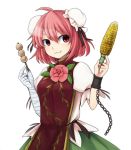  1girl bandaged_arm bandages corn cuffs dango double_bun eating food holding ibaraki_kasen pink_hair puffy_sleeves red_eyes shirt short_hair short_sleeves simple_background skirt solo tabard touhou wagashi white_background ys_(fall) 