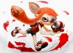 1girl alternate_color backpack bag bike_shorts commentary eyebrows famicom flat_chest full_body hiro1984 inkling long_hair looking_at_viewer mask nintendo orange_eyes orange_hair pointy_ears running shoes sneakers solo splatoon super_soaker t-shirt tentacle_hair twintails 