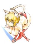  1girl :3 animal_ears ass bent_over blonde_hair blue_eyes breasts cat_ears cat_tail character_request cleavage elbow_gloves gloves large_breasts red_gloves red_legwear shadow short_hair simple_background skindentation solo tail thigh-highs tks_(chikuwa) white_background 
