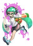  1girl aqua_eyes aqua_hair backpack bag bangs bike_shorts blunt_bangs fingerless_gloves full_body gloves grin headphones inkling long_hair mask paint_splatter running shoes small_breasts smile sneakers solo splatoon tentacle_hair ton_(artist) track_jacket two-finger_salute 