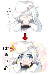  1girl :d blue_eyes commentary_request covering_eyes flat_cap hammer_and_sickle hat hibiki_(kantai_collection) highres kantai_collection long_sleeves musical_note open_mouth shimashima_nezumi silver_hair simple_background smile solo sparkle translation_request verniy_(kantai_collection) white_background 
