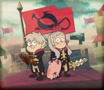  1boy 1girl blue_hair book crossover dipper_pines fire_emblem fire_emblem:_kakusei gravity_falls krom krom_(cosplay) mabel_pines my_unit my_unit_(cosplay) pig robe short_hair smile sword twintails waddles weapon white_hair 