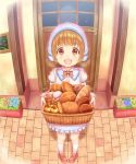  1girl :d alba_(little_witches) apron basket bread brown_eyes brown_hair carrying door flower flower_pot food frills from_above heart heart-shaped_pupils highres loafers open_mouth original pigeon-toed ribbon shoes short_twintails smile solo symbol-shaped_pupils twintails window 
