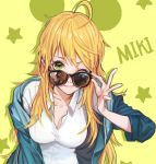  1girl ahoge blonde_hair breasts character_name cleavage green_background hoshii_miki idolmaster long_hair looking_over_glasses lowres name one_eye_closed rod4817 smile solo star sunglasses 