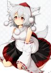  1girl animal_ears bare_shoulders blush breasts detached_sleeves hat highres inubashiri_momiji looking_away nose_blush pom_pom_(clothes) red_eyes ribbon-trimmed_sleeves ribbon_trim short_hair silver_hair sitting skirt solo tail tokin_hat touhou wolf_ears wolf_tail 