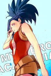  1girl bare_shoulders black_hair boku_no_hero_academia breasts center_opening cleavage copyright_name esuo_(sokamen) from_below long_hair midriff solo yaoyorozu_momo 