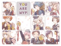  6+boys ^_^ aizen_kunitoshi akita_toushirou animal_on_shoulder atsushi_toushirou bandaid bandaid_on_nose black_hair blonde_hair blue_eyes blue_hair bob_cut brown_eyes brown_hair closed_eyes english gokotai gokotai&#039;s_tigers grin hat hirano_toushirou hiruri ima-no-tsurugi japanese_clothes maeda_toushirou male_focus medal midare_toushirou military military_uniform multiple_boys necktie one_eye_closed open_mouth otoko_no_ko pale_color petals pink_hair redhead revision sayo_samonji short_hair silver_hair smile tiger tiger_cub tokin_hat touken_ranbu uniform white_tiger yagen_toushirou yellow_eyes 