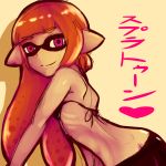  1girl back bike_shorts bikini_top butt_crack flat_chest hgs inkling long_hair mask orange_hair payot pink_eyes pointy_ears ribs smile solo splatoon tentacle_hair twintails 