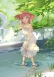  1girl bare_arms blush dress feet_in_water hat jewelry looking_at_viewer love_live!_school_idol_project necklace nishikino_maki open_mouth outdoors pink_eyes redhead sketch skirt_hold smile soaking_feet solo sundress ume_(plumblossom) water 