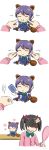 2girls 4koma :&gt; :| ? ^_^ animal_ears artist_name black_hair bleeding blood blood_on_face bloody_clothes bow bowtie card cardigan cheek_pinching chibi closed_eyes comedy comic dha315 directional_arrow flower_(symbol) green_bow highres holding injury long_hair looking_at_mirror love_live!_school_idol_project mirror multiple_girls no_eyes pinching pov purple_hair raccoon_ears raccoon_tail school_uniform scrunchie shaded_face short_hair simple_background sitting speech_bubble spoken_question_mark tail tarot toujou_nozomi twintails white_background yazawa_nico