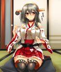  1girl black_hair black_panties blush breasts brown_eyes detached_sleeves hair_ornament hairband hairclip haruna_(kantai_collection) heart highres jewelry kantai_collection long_hair looking_at_viewer nontraditional_miko panties ring seiza sitting skirt smile solo thigh-highs translation_request tsukui_kachou underwear 